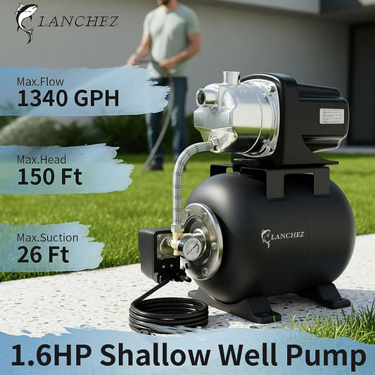LANCHEZ 1.6HP Shallow Well Pump with Pressure Tank, 115V 1340GPH Automatic Irrigation Water Booster Jet Pump, Stainless Steel Water Transfer Pump for Home Garden Lawn Sprinkler Irrigation, Matte