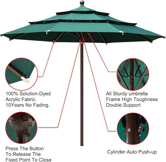 EliteShade USA 10-Year-Non-Fading 11Ft 3 Tiers Market Umbrella Patio Outdoor Cylinder Auto Push-up Table Umbrella with Ventilation, Forest Green