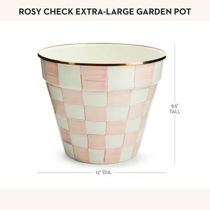 MACKENZIE-CHILDS Enamel Garden Pot, Decorative Pot for Plants, Outdoor Flowerpot Decor, Extra Large, Pink-and-White Rosy Check