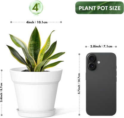 4 Inch Plastic Plant Pots with Drainage Holes and Trays – 8 Pack Small Nursery Pots for Indoor & Outdoor House Plants and Flowers, Seedling Starter Planters, White