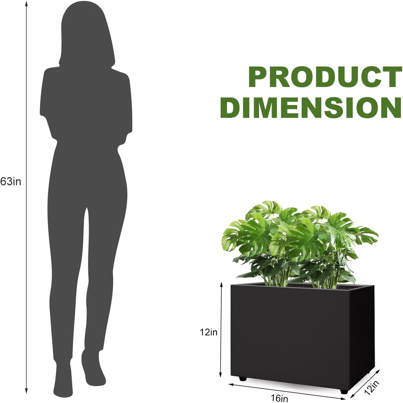 Planter Box Rectangular Block - 16×12×12IN Galvanized Steel Metal Long Box Planter Easy Installation Modern Outdoor Tall Planters All-Weather Use with Drainage Holes for Patio/Porch(Black)