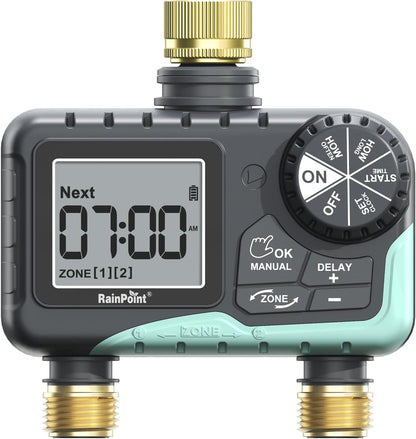 RAINPOINT 2 Zone Sprinkler Timer with Brass Inlet and Outlet - Water Timer for Garden Hose with Rain Delay/Manual Watering/Automatic Irrigation Controller System - Water Hose Timer for Yard Lawn