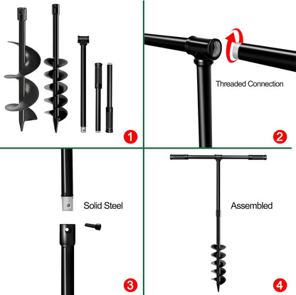LONGRUN T-Shaped Garden Auger Drill Bit for Planting, Hand Operated Spiral Post Hole Digger, Easy Rapid Planter for Bulbs Flowers, Trees, Seedlings Planting, Bedding, Umbrella Holes-4 & 6x38 Inch Set