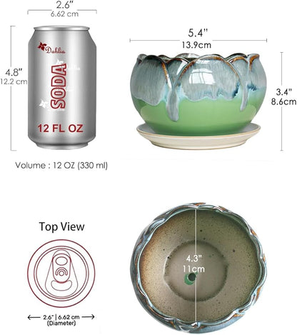 Dahlia 5.5'' Inch Rustic Drip Glazed Ceramic Planter/Succulent Pot/Plant Pot w. Saucer/Tray, Green