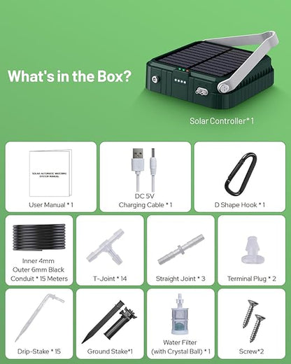 Solar Automatic Drip Irrigation System, Harness Sunshine or External Power for Indoor and Outdoor Use, Rain or Shine! Anti-Siphoning, Supports Up to 15 Potted Plants, User-Friendly Design. (Green)