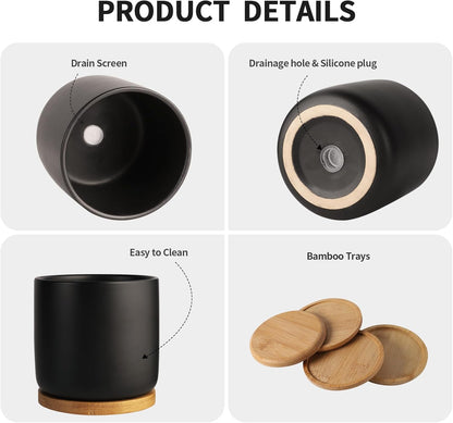 OMAYKEY 4 Inch Ceramic Plant Pot with Saucer, Black Planters Pots with Drainage Hole and Mesh Pads for Succulent, Snake, Cactus, Herbs - 4 Packs(Plant Not Included)
