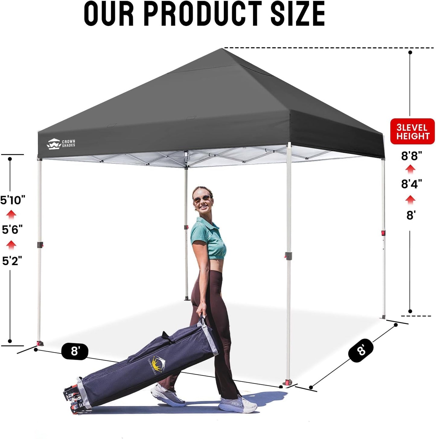 CROWN SHADES 8x8 Pop Up Canopy - Beach Tent with One Push Setup - Easy Outdoor Sun Shade for Events, Parties, Camping - Gazebo with STO-N-Go Cover Bag, Silver Coated Top,Grid Grey