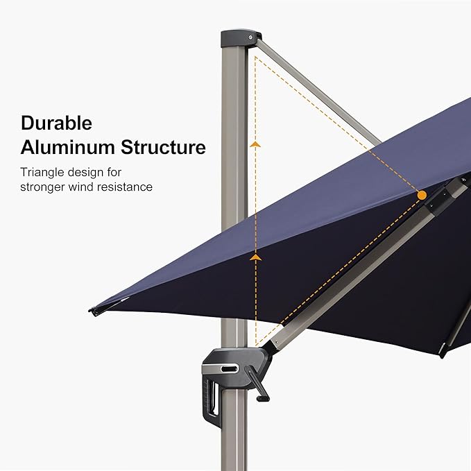 PURPLE LEAF 10' X 10' Patio Umbrella Outdoor Cantilever Umbrella, Aluminum Offset Umbrella with Champagne Frame and 360° Rotation for Pool Deck Garden, Navy Blue