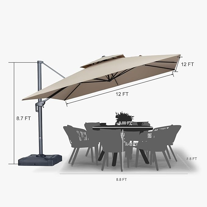 PURPLE LEAF 12 FT Cantilever Patio Umbrella Outdoor Umbrella with 330lbs Base Large Square Windproof Offset Umbrella for Pool Deck Garden, Sand Dune
