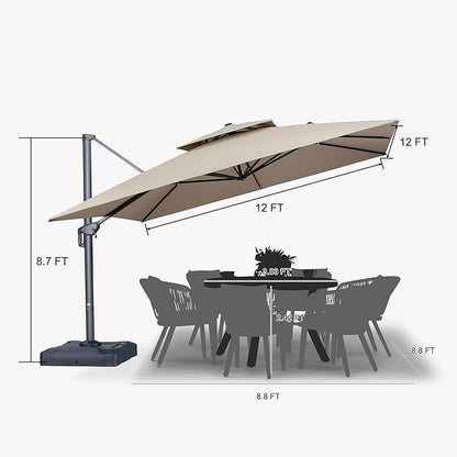 PURPLE LEAF 12 FT Cantilever Patio Umbrella Outdoor Umbrella with 330lbs Base Large Square Windproof Offset Umbrella for Pool Deck Garden, Sand Dune