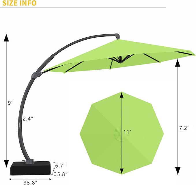 Kingdura 11ft Cantilever Patio Umbrella with Base Included, Large Round Offset Outdoor Pool Umbrella, 360° Rotation & Infinite Tilt, Heavy Duty Aluminum Frame for Deck Backyard, Apple Green