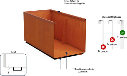 Extra Large Rectangular Planter for Outdoor Plants – 72x24x36 Corten Steel Planter Box for Patios, Decks & Privacy Screens | Heavy Duty Metal Planter Rectangle