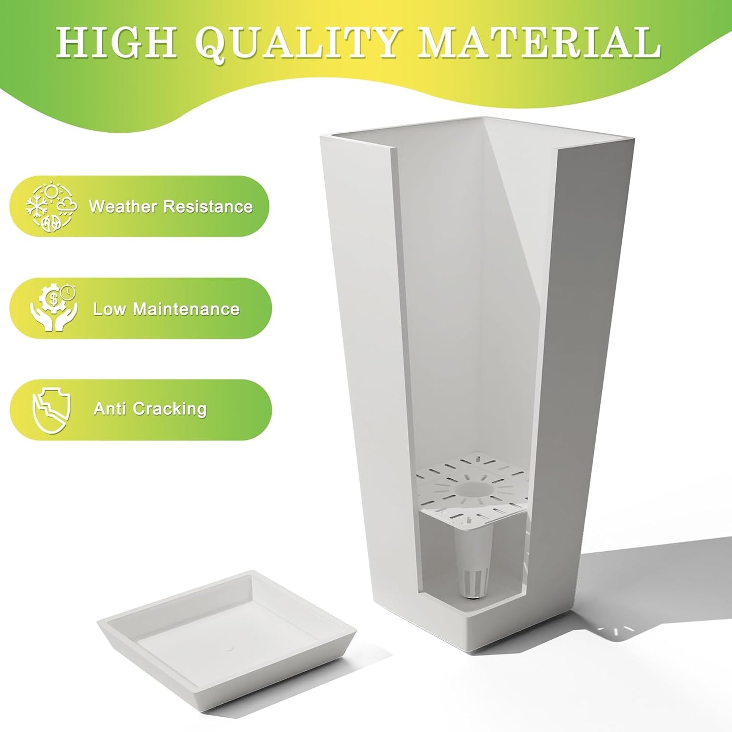 Set of 2 Tall Planters, 24" Large Indoor Outdoor Flower Pots with Tray, Modern Tapered Planters for Porch, Patio, Garden, Backyard(White)