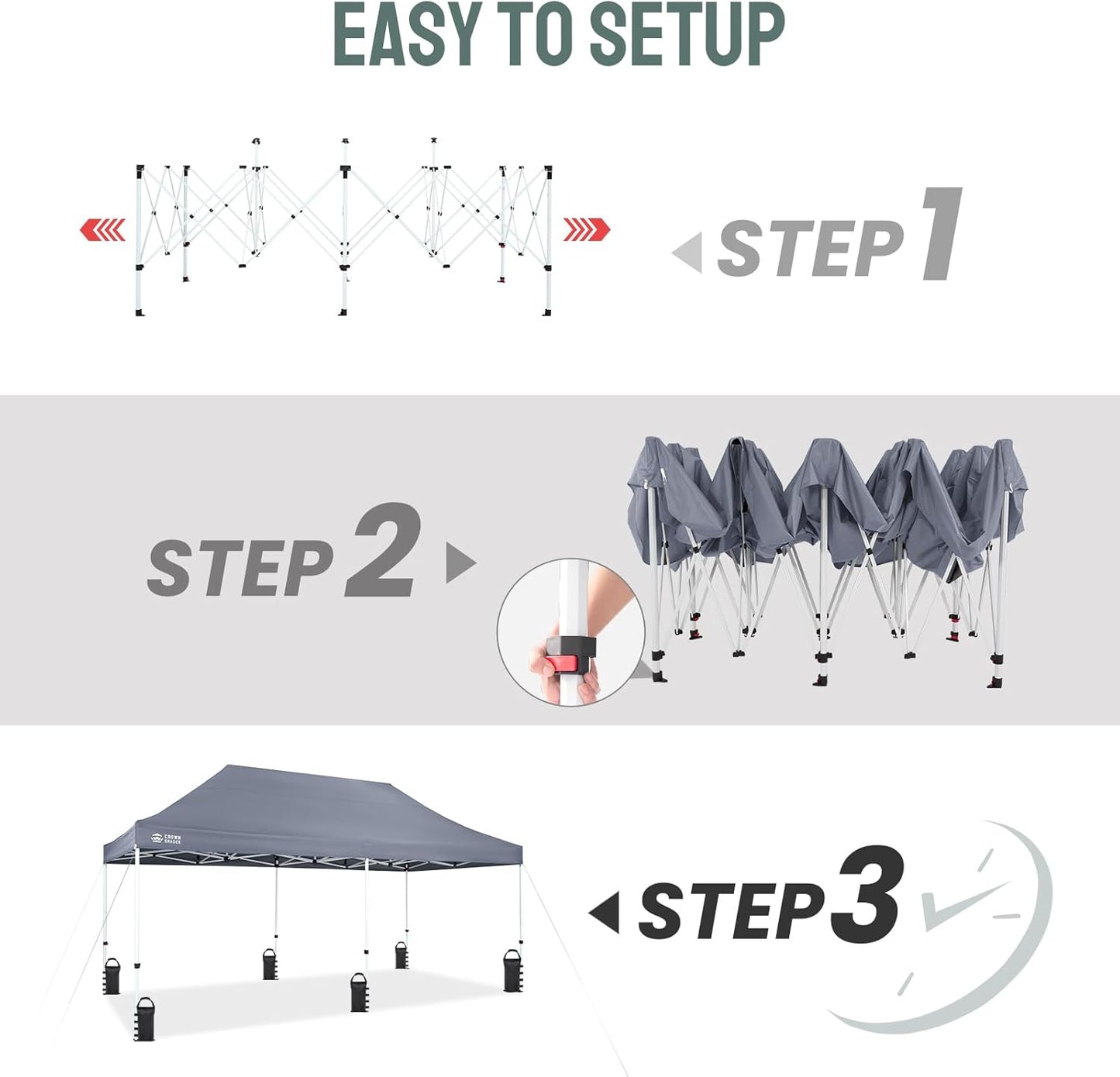 CROWN SHADES 10x20 Pop Up Canopy Tent - Commercial Canopy Tent with 400D Strength Oxford Fabric, Hexagonal Leg, 4 Upgraded Weights - Great for Trade Shows, Events,Parties & Commercial Use, Gray