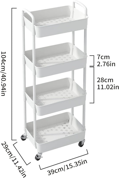 Sywhitta 4-Tier Plastic Rolling Utility Cart with Handle, Multi-Functional Storage Trolley for Office, Living Room, Kitchen, Movable Storage Organizer with Wheels, White