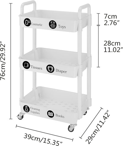 UDEAR 3-Tier Rolling Utility Cart with 12 Category Labels,Multifunctional Storage Shelves with Handle and Lockable Wheels for Room,Office,Kitchen,Bathroom,White