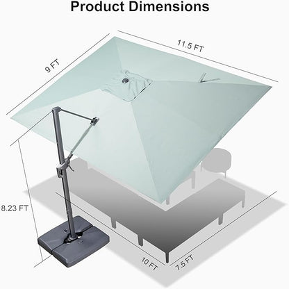 PURPLE LEAF 9' X 11.5' Rectangle Cantilever Umbrella with Base Outdoor Large Aluminum Patio Umbrella with 3-Year Fade Resistance Recycled Fabric and 360-degree Rotation for Deck Pool Garden, Mint Green