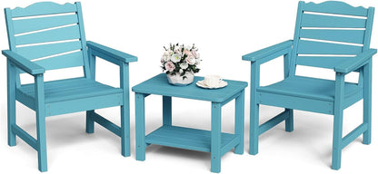 Patio Chairs Set, 3 Pieces Weatherproof HIPS Outdoor Furniture, Patio Chairs Conversation Sets with Side Table for Garden Porch Lawn & Backyard (Lake Blue)