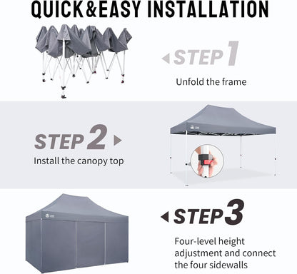 CROWN SHADES 10x15 Pop Up Canopy Tent, Thicken Frame Commercial Heavy Duty Tent with 4 Sidewalls 8 Stakes & 4 Sandbags & 4 Ropes, Outdoor Canopies for Events, Parties,Grey