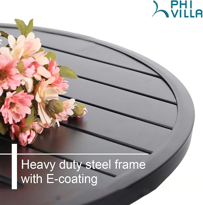 PHI VILLA 3 Piece Outdoor Bistro Set for 2, Metal Steel Round Table & Swivel Wrought Iron Chairs with Cushions, Small Furniture Conversation Set for Patio, Porch, Deck, Balcony