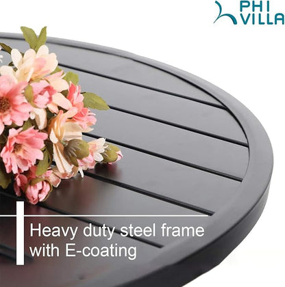 PHI VILLA 3 Piece Outdoor Bistro Set for 2, Metal Steel Round Table & Swivel Wrought Iron Chairs with Cushions, Small Furniture Conversation Set for Patio, Porch, Deck, Balcony