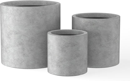 Kante 9.8",12.6",15.7" Dia Round Concrete Planter Set of 3, Modern Style Large Cylindrical Plant Pot with Drainage Hole and Rubber Plug for Indoor Outdoor Patio, Natural Concrete