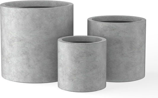 Kante 9.8",12.6",15.7" Dia Round Concrete Planter Set of 3, Modern Style Large Cylindrical Plant Pot with Drainage Hole and Rubber Plug for Indoor Outdoor Patio, Natural Concrete