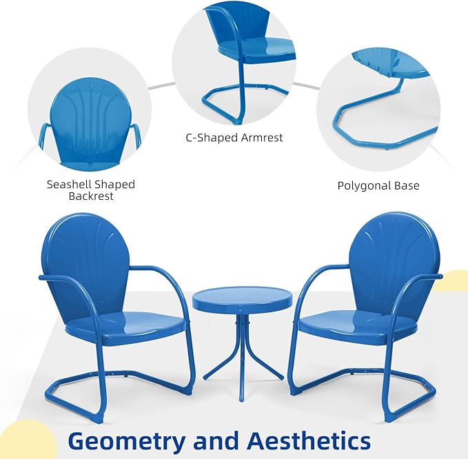 3 Pieces Patio Bistro Set Retro Metal Outdoor Seating Conversation, 2 C-Spring Retro Metal Patio Chairs and Round Side Table, for Balcony, Yard, Garden - Ocean Blue