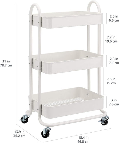 Amazon Basics 3-Tier Rolling Utility or Kitchen Cart, Lockable Wheels, Multifunctional Storage, White