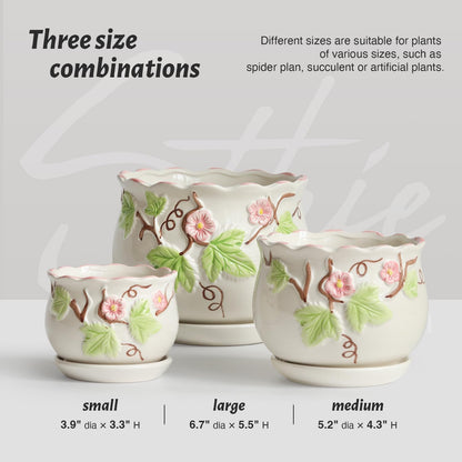 Ceramic Plant Pots with Drainage Holes and Saucers, Round Flower Pots for Indoor Plant, 3.9/5.2/6.7 Inches Small Flower Planters Set of 3