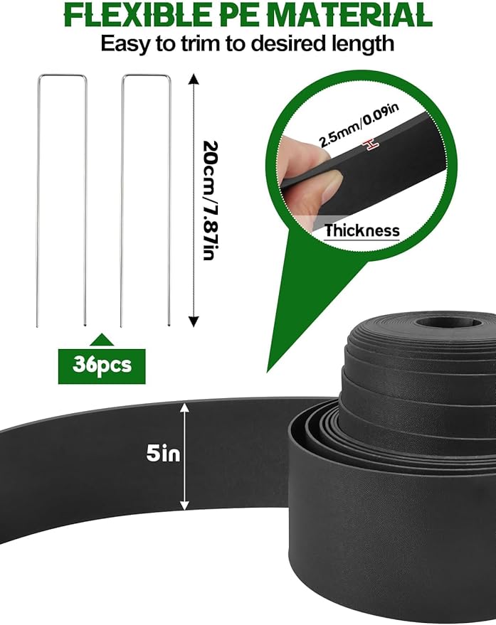 Kalolary Garden Landscape Edging, 5 inch x 60FT Garden Border Edging, Plastic Flower Bed Edging Borders Flexible Bender Border with 36 U Spikes for Lawn, Garden, Yard