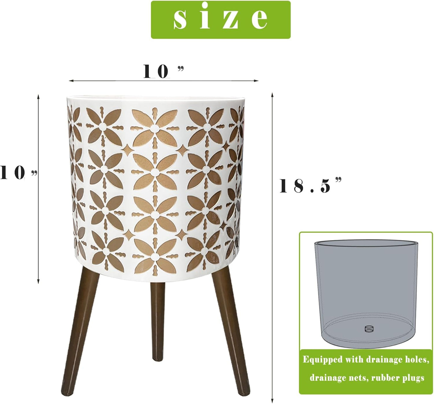 10 Inch Planter with Stand, Modern Plants Pot for Indoor Plants with Legs, Large Planter Pot with Drainage Holes for Outdoor,White/Gold