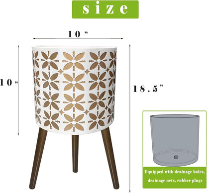 10 Inch Planter with Stand, Modern Plants Pot for Indoor Plants with Legs, Large Planter Pot with Drainage Holes for Outdoor,White/Gold