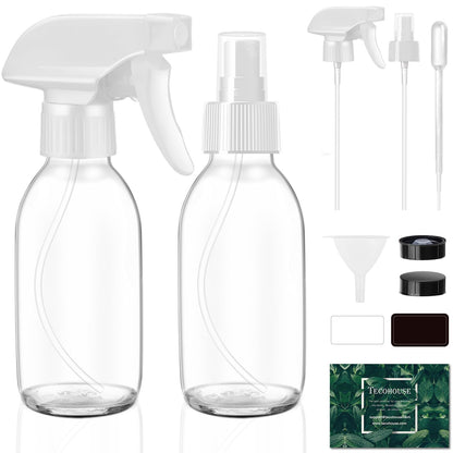 Tecohouse Glass Spray Bottles 4 OZ, Empty Small Spray Bottles 2 Pack for Essential Oils, Cleaning Solutions, Plants, Hair Mister, withDurable Nozzle, Labels, Funnel, Pipettes Clear