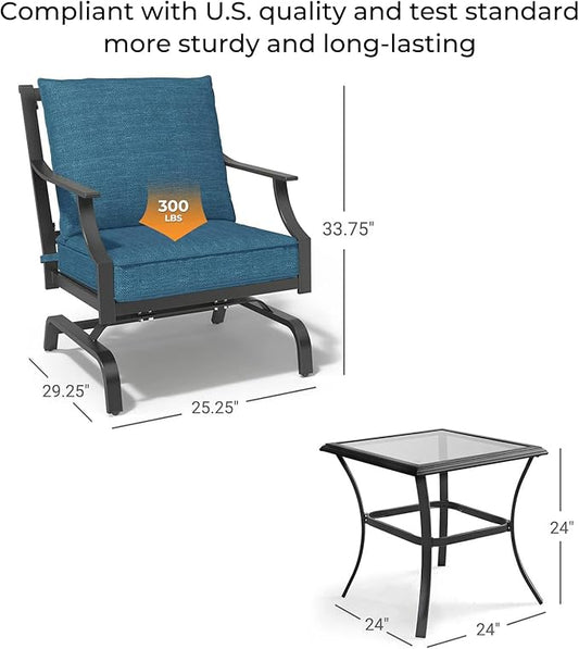 Grand patio Outdoor Patio Seating, 3 Piece Patio Set, 2 Motion Chairs with Side Table, Peacock Blue