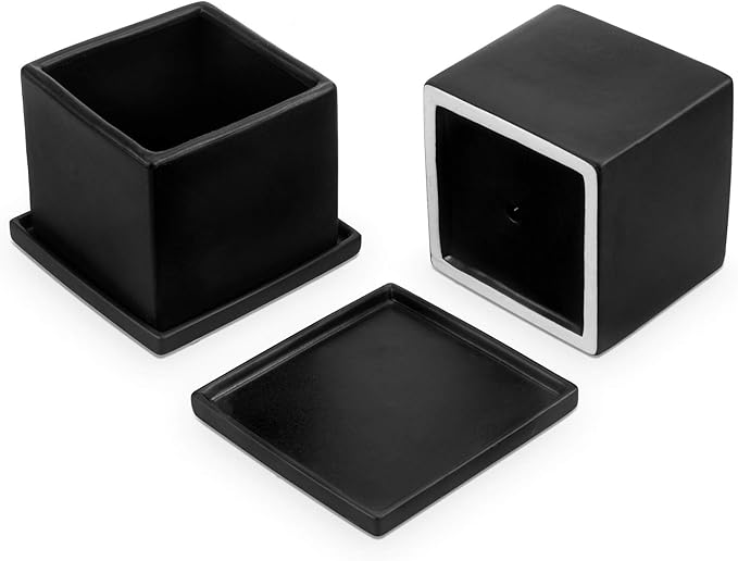 MyGift Modern Black Ceramic Small Plant Pot, Decorative Square Flower Succulent Planter, Set of 2