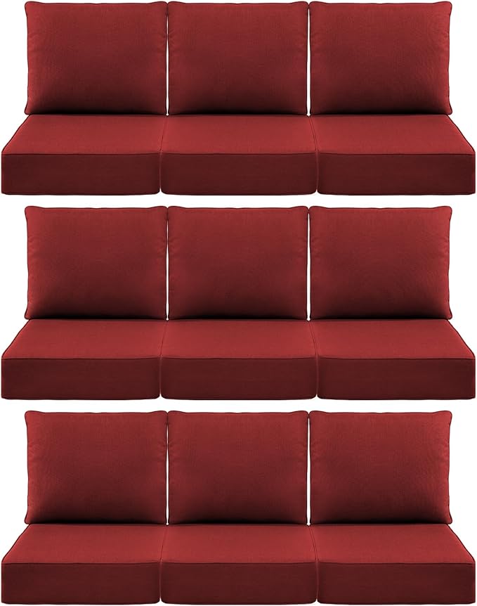 Luxury 6" Outdoor Cushions for Patio Furniture, 24x24x6" Thick Seat Cushion Set of 9, Fade Resistant Couch Chair Replacement Cushions High Density Deep Wicker Chair Cushion w/ Removable Cover, Red