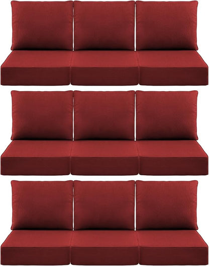 Luxury 6" Outdoor Cushions for Patio Furniture, 24x24x6" Thick Seat Cushion Set of 9, Fade Resistant Couch Chair Replacement Cushions High Density Deep Wicker Chair Cushion w/ Removable Cover, Red