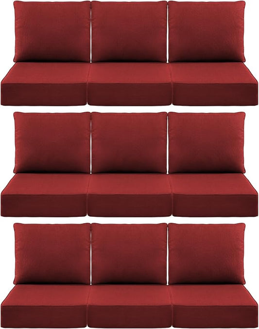Luxury 6" Outdoor Cushions for Patio Furniture, 24x24x6" Thick Seat Cushion Set of 9, Fade Resistant Couch Chair Replacement Cushions High Density Deep Wicker Chair Cushion w/ Removable Cover, Red