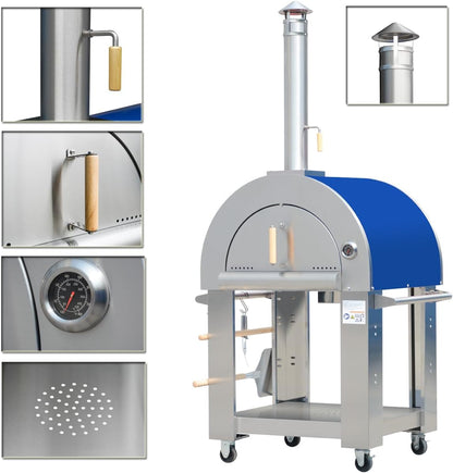 32.5 inch Propane Gas and Wood Fired Pizza Oven with Waterproof Cover, Large Stainless Steel Pizza Oven for Outdoor, Backyard and Party (Blue)