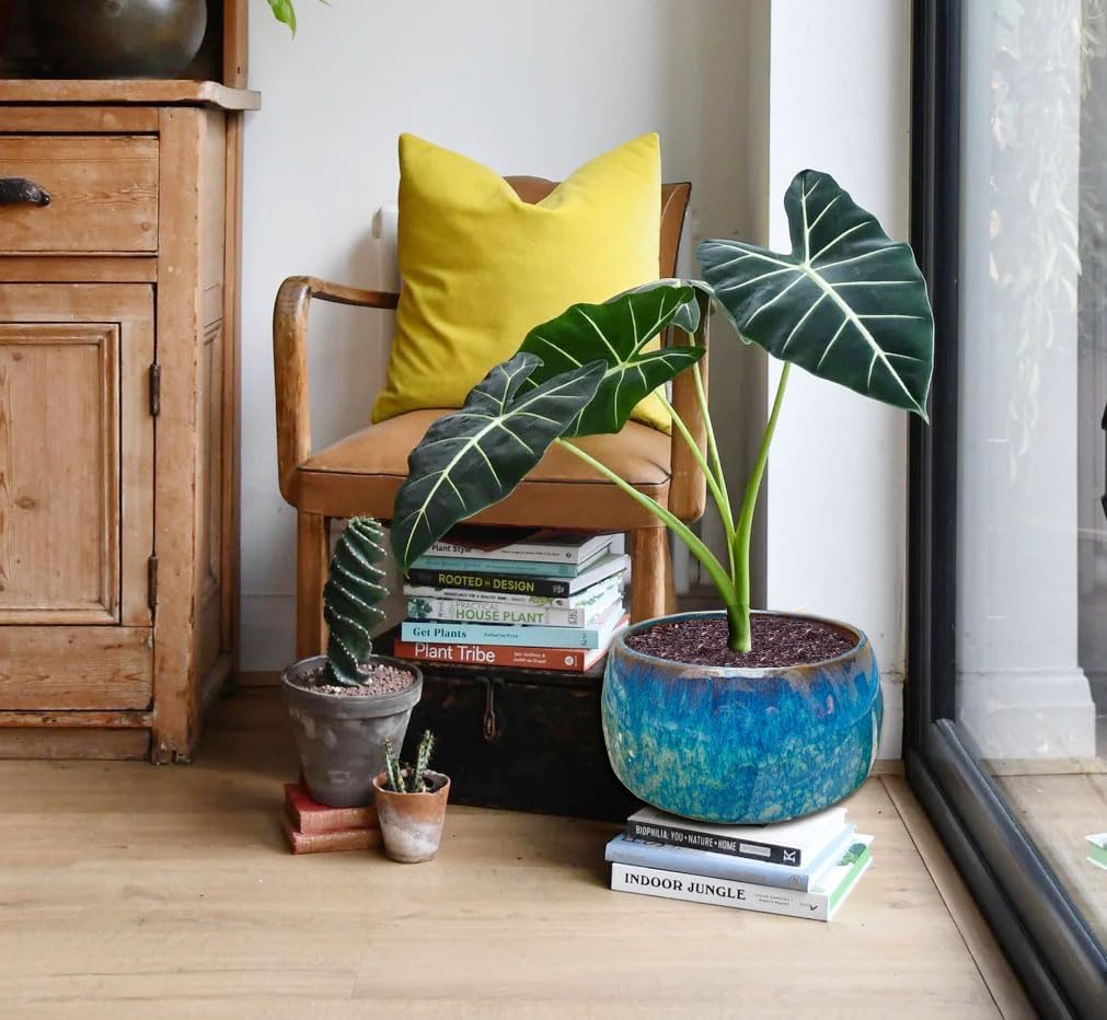 Reactive Glaze Peacock Color 11" Ceramic Plant Pot, Large Blue Green Planter Artisan Flower Pot with Drainage Hole, Breathable Planter for Indoor Outdoor Plants