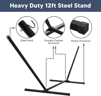 SUNCREAT Double Portable Hammock with Stand Included, 475 lbs Capactiy, Extra Large Two Person Hammock, Blue Pattern