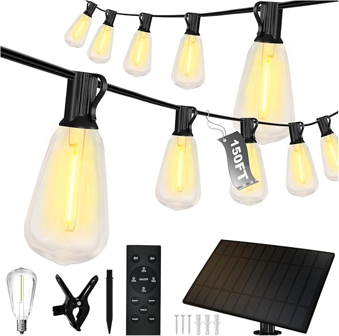 DAYBETTER 150ft Solar String Lights Outdoor waterproof-75 Bulbs Outdoor String Lights Solar Powered with 7W Solar Panel, 12+ Hours Runtime & IP65 Weatherproof for Backyard, Wedding, Camping