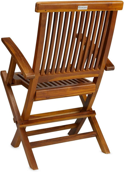 TeakCraft Teak Folding Arm Chair - 2 Piece Foldable Chairs Set - Fully Assembled - Solid Wooden Outdoor, Indoor- Wood Dining Room, Kitchen, Patio, Bistro Chairs, The Mille