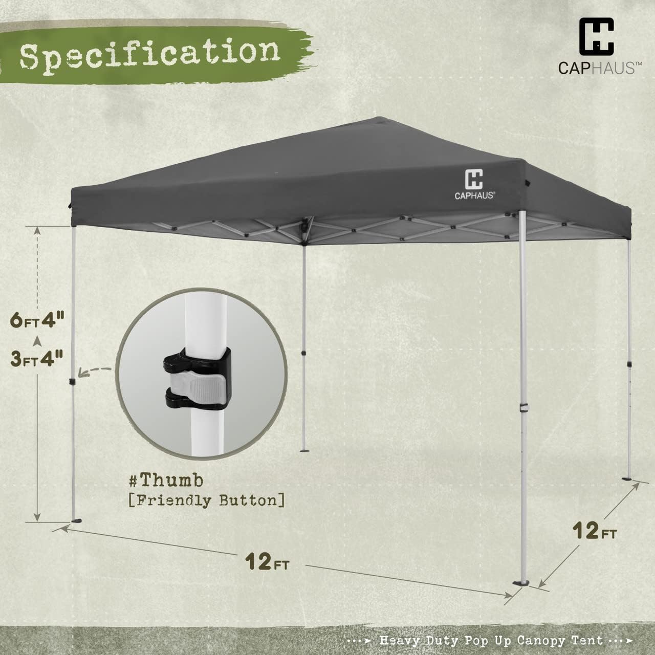 CAPHAUS 12ft x 12ft Patented One-Push Pop Up Outdoor Canopy Tent, Heavy-Duty Commercial Grade w/Central Lock, Portable and Instant Folding Shelter with Wheeled Carry Bag and Weight Bag, Dark Grey