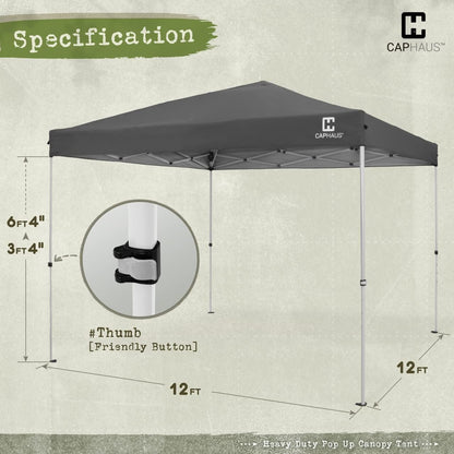 CAPHAUS 12ft x 12ft Patented One-Push Pop Up Outdoor Canopy Tent, Heavy-Duty Commercial Grade w/Central Lock, Portable and Instant Folding Shelter with Wheeled Carry Bag and Weight Bag, Dark Grey