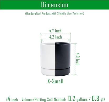 D'vine Dev 4.7 Inch Ceramic Planter Pot with Drainage Hole and Saucer, Indoor Cylinder Round Planter Pot, Split Monochrome Black & White, 94-O-B-0