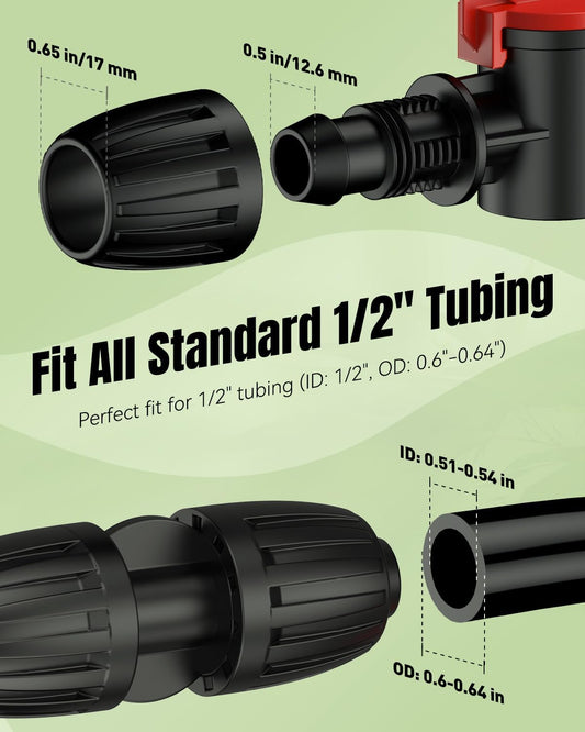 Pawfly 17 Pcs Drip Irrigation Fittings Kit for 1/2" Tubing, Barbed Drip Line Connectors with 4 Tees, 2 Standard Couplings, 3 Flow-Control Couplings, 4 Elbows, 2 Faucet Adapters & 2 End Caps