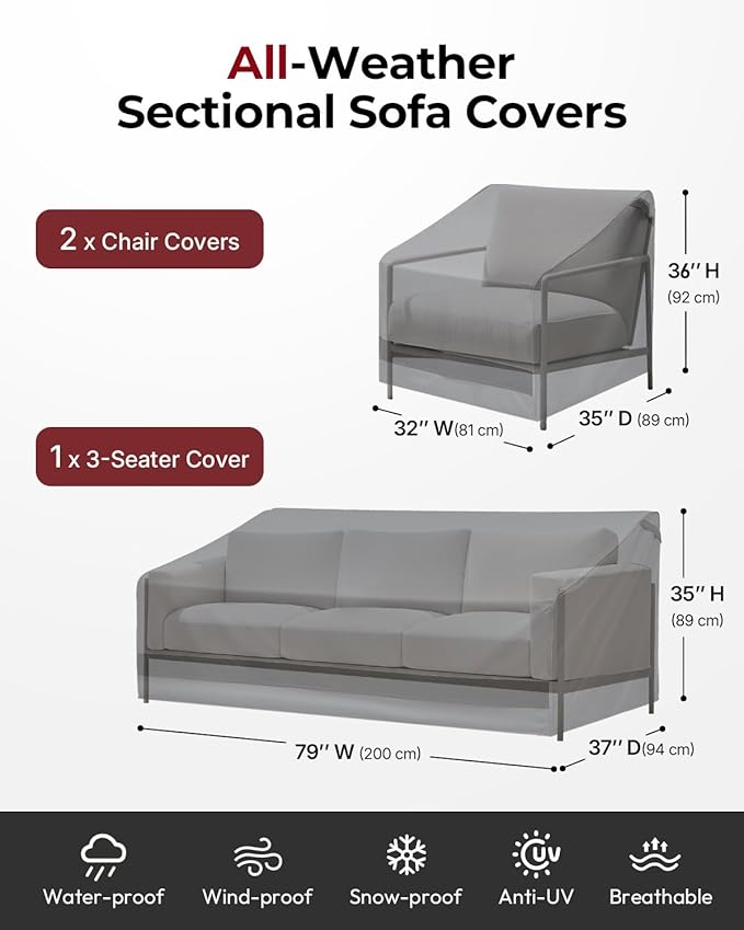 loriano 3-Piece Patio Furniture Chair Covers Set, Outdoor 600D Heavy-Duty Waterproof, Fits 3 Seater Sofa 79"x37"x35"& 2 Chairs 32"x35"x36", All-Weather Windproof Protection for Deck, Backyard (Gray)