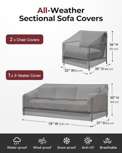 loriano 3-Piece Patio Furniture Chair Covers Set, Outdoor 600D Heavy-Duty Waterproof, Fits 3 Seater Sofa 79"x37"x35"& 2 Chairs 32"x35"x36", All-Weather Windproof Protection for Deck, Backyard (Gray)